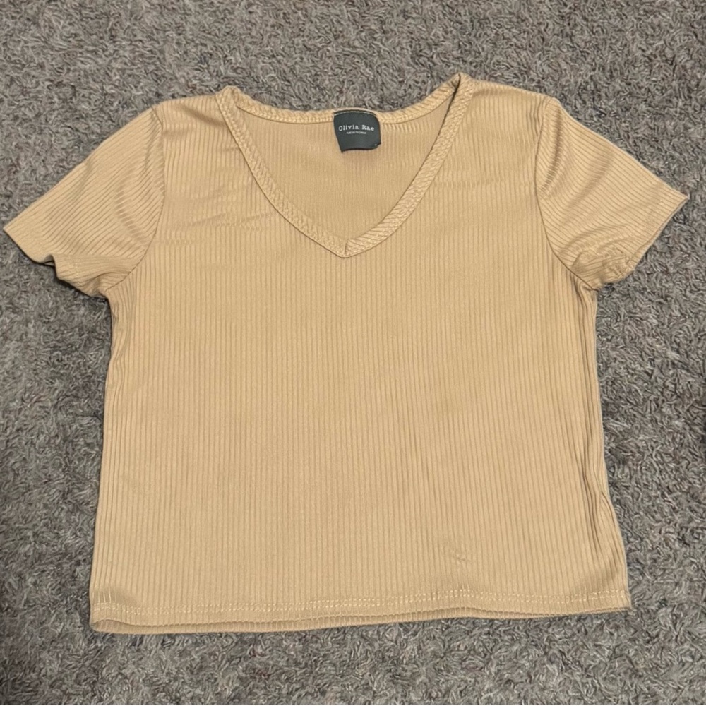 Olivia Rae Ribbed V-Neck Beige Tee